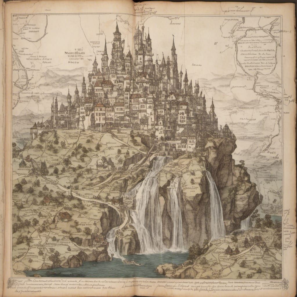 Majestic White Castle and Waterfall Landscape