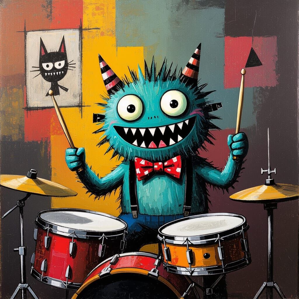 Monster Drummer in Eclectic Room, Expressive Charcoal Style
