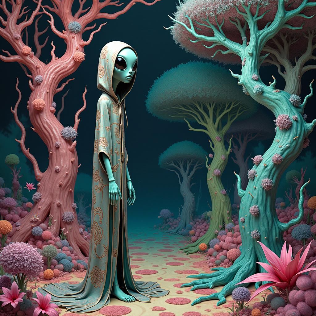Surreal Alien in Dreamlike Psychedelic Landscape