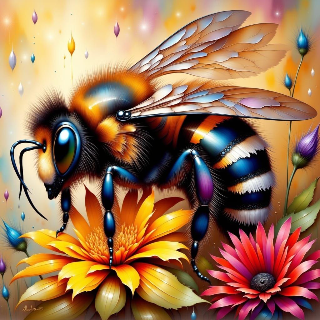 Portrait a Bumble Bee wings on a Bumble Bee Genuine Bee portrait of Mysterious Bee in swirling flowers !! :: breathtakin...