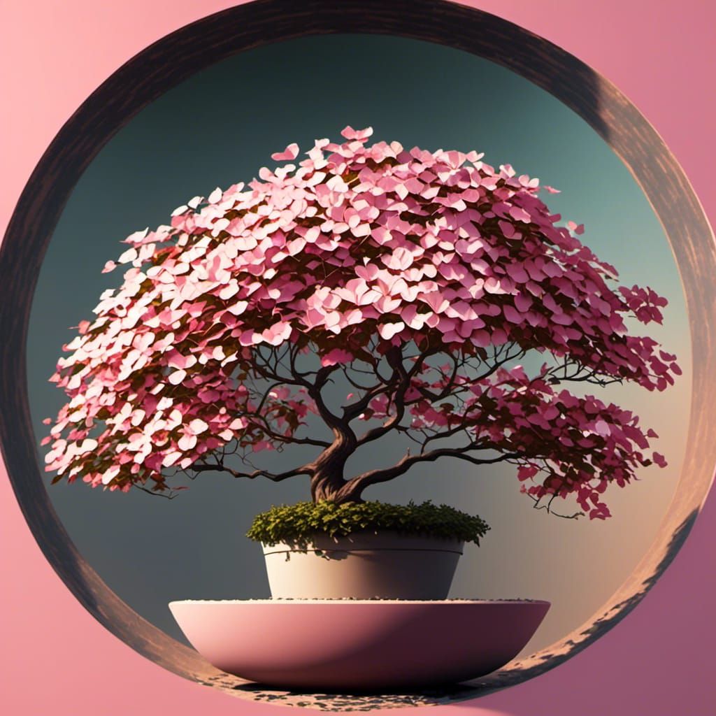 Pink dogwood tree in a pot so it only gets so big. Blooming, flowers around the base of the tree, <lora:magination v2:1....