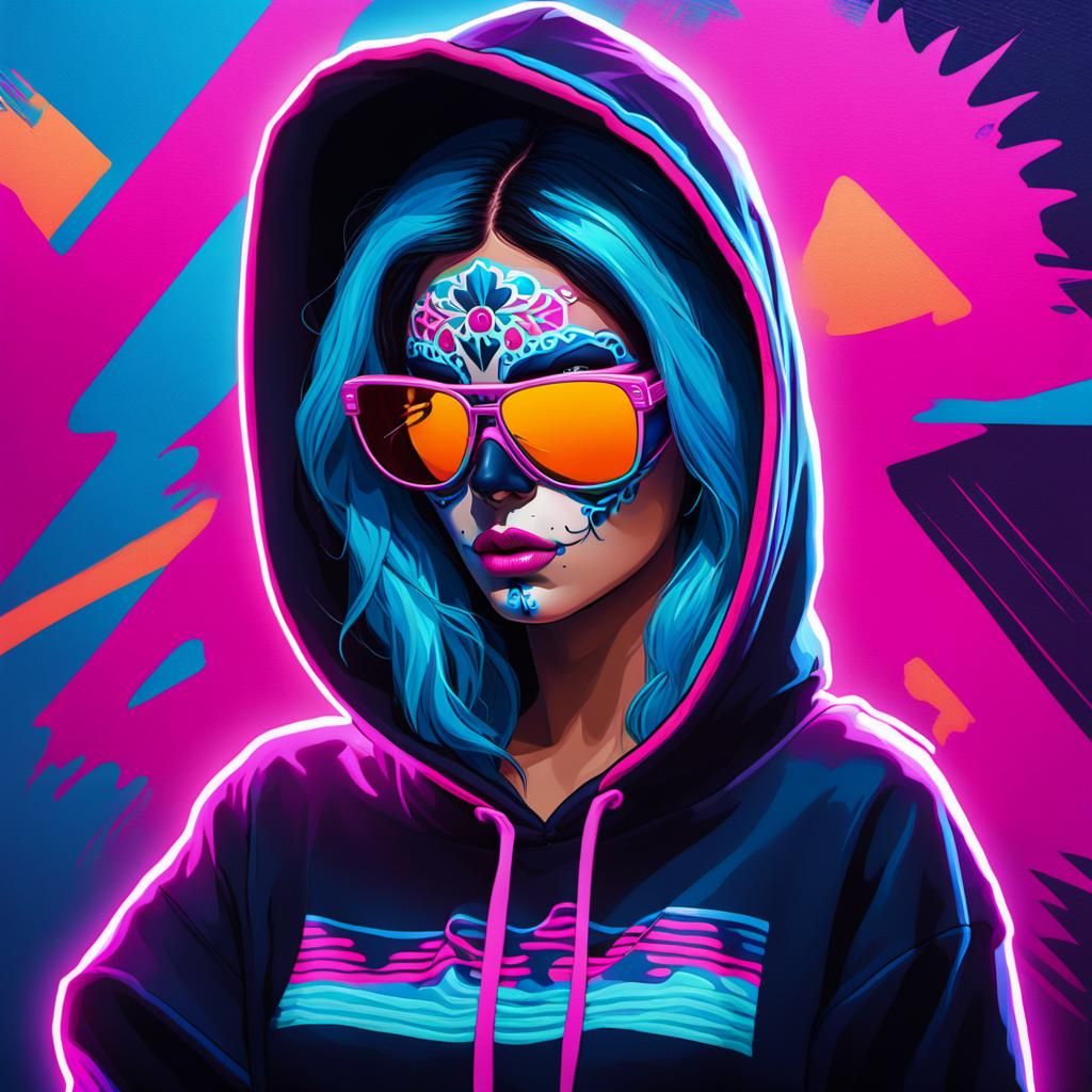 Neon Catrina: Synthwave Portrait in 80s Style