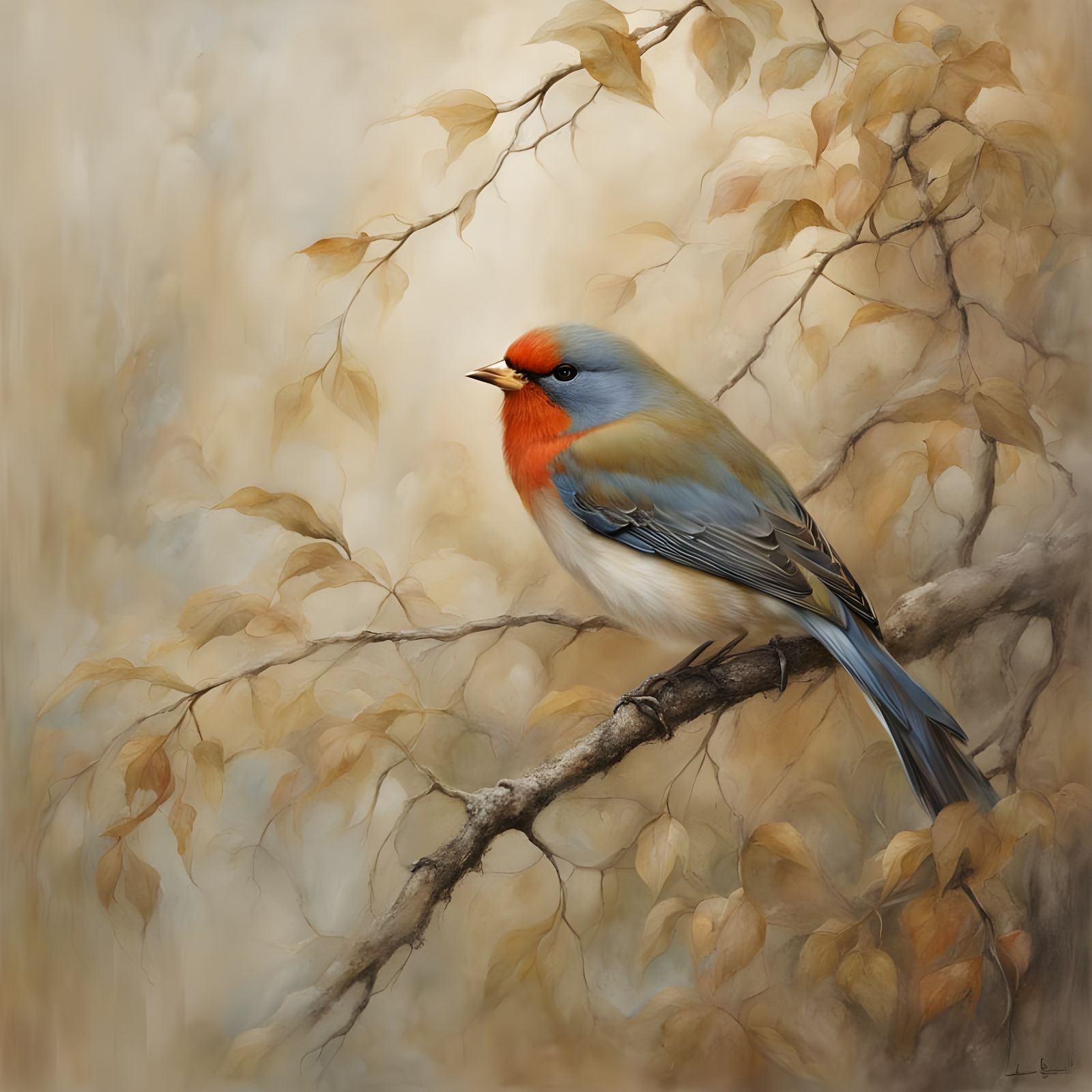 Red-billed Leiothrix in Traditional Chinese Painting