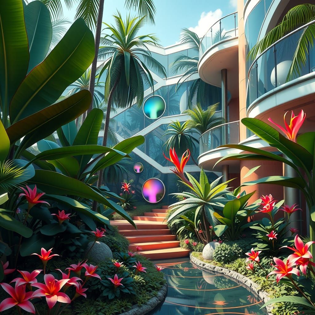 Lush Tropical Environment Meets Frutiger Aero Design