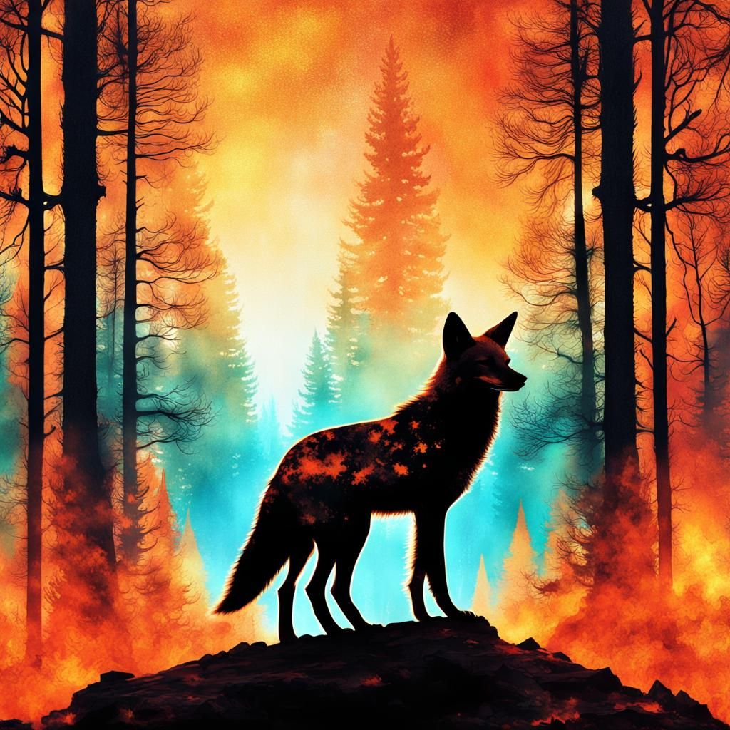 Double Exposure Coyote Silhouette in Fiery Forest