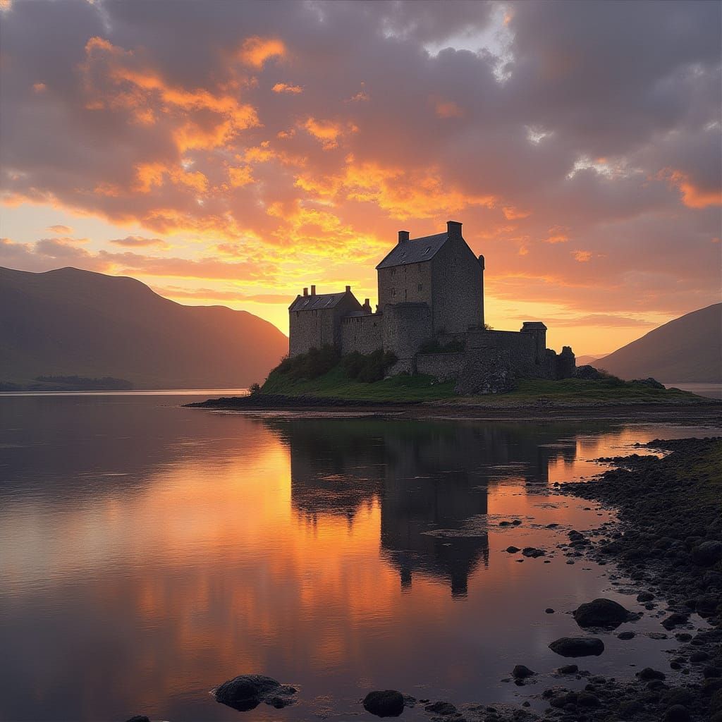 Eilean Donan Castle at Sunset in Classic Landscape Style