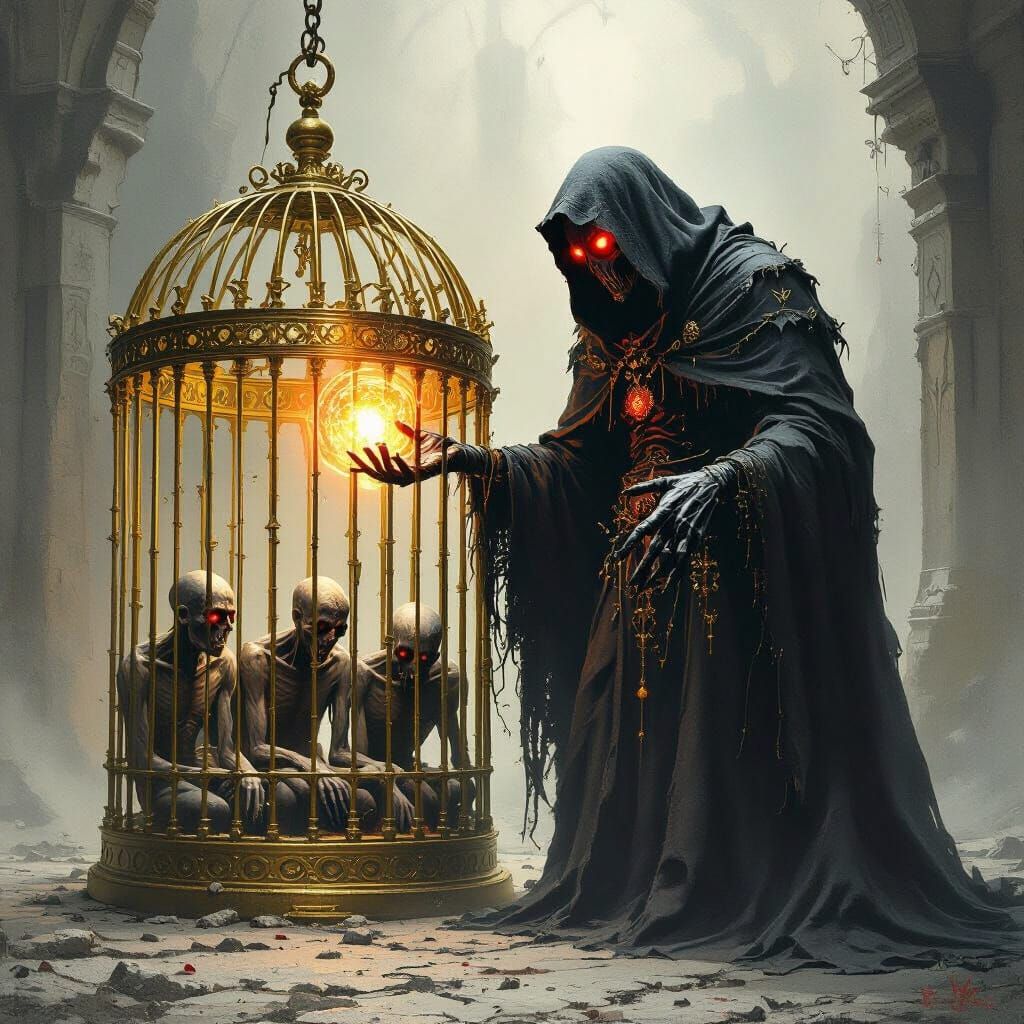 Terrifying Sorcerer Captures Souls in Golden Cage