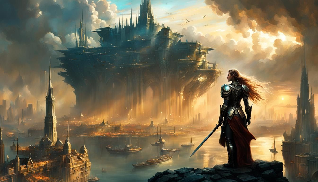Fantasy Warlord Overlooking Future Cityscape