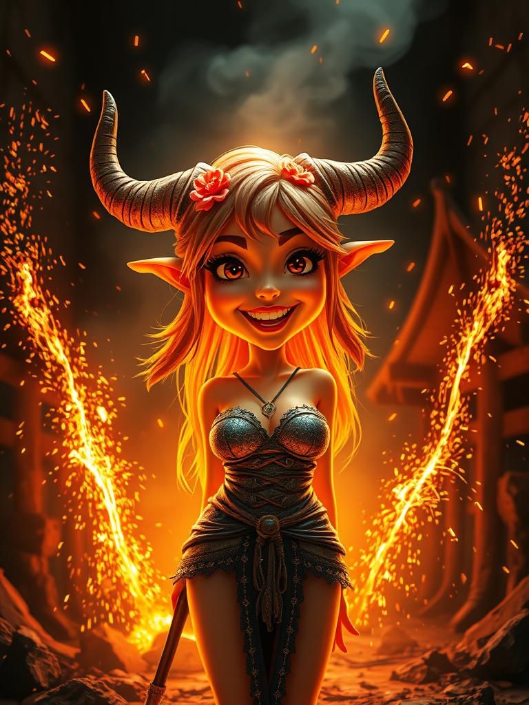 Fiery Minotaur Waifu Caricature in Molten Metal Glow
