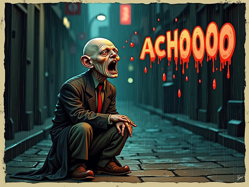 Art Deco Sneeze in Noir Alley, Moebius-style