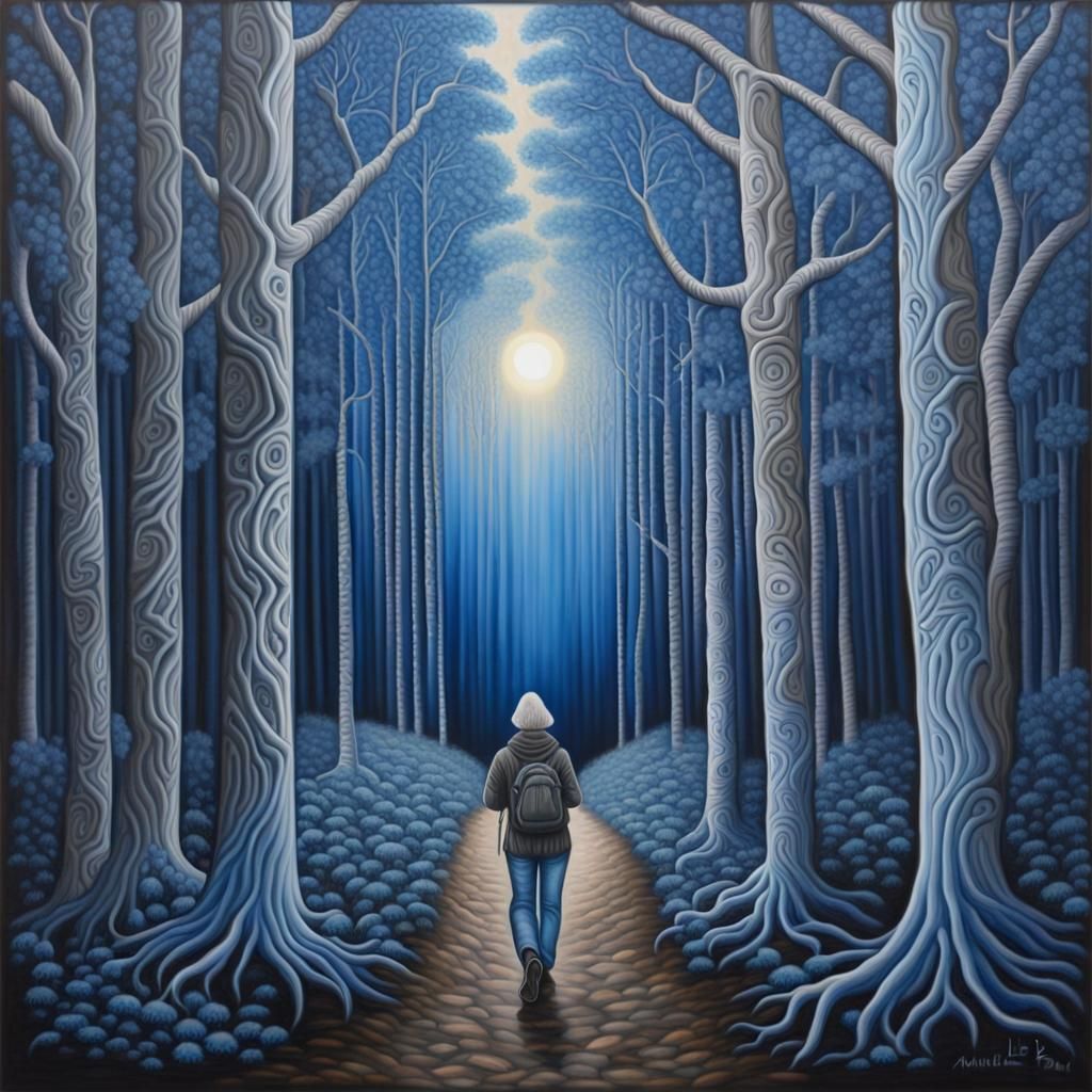 Person Walking in Whimsical Arctic Metal Forest