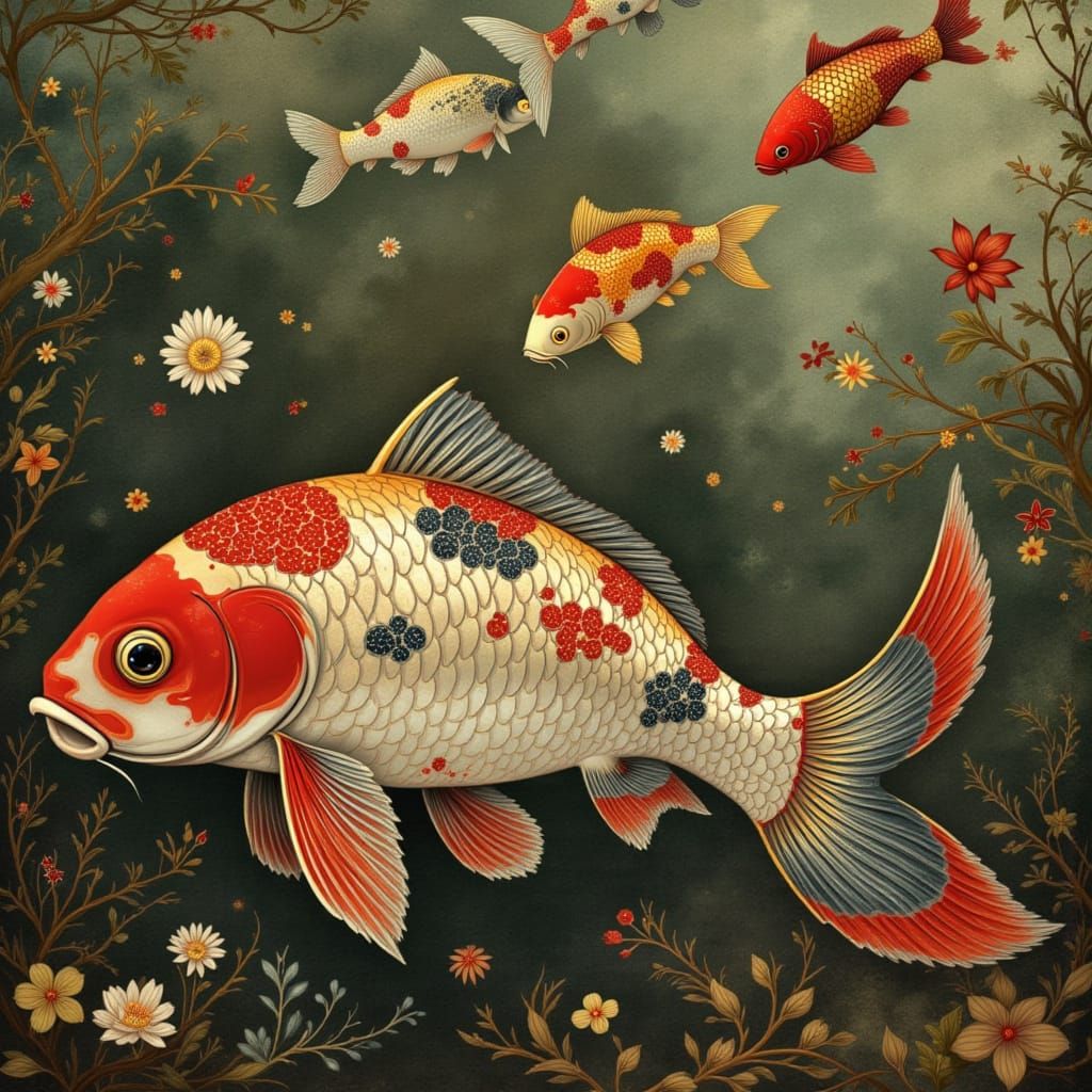 Golden Fish in a Dreamlike Floral Landscape