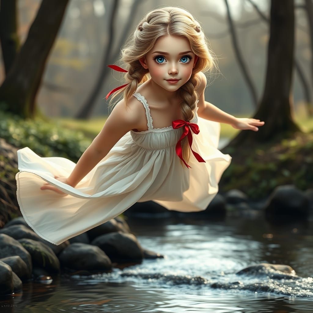 Blonde Girl Leaping Over Brook as Matte Painting