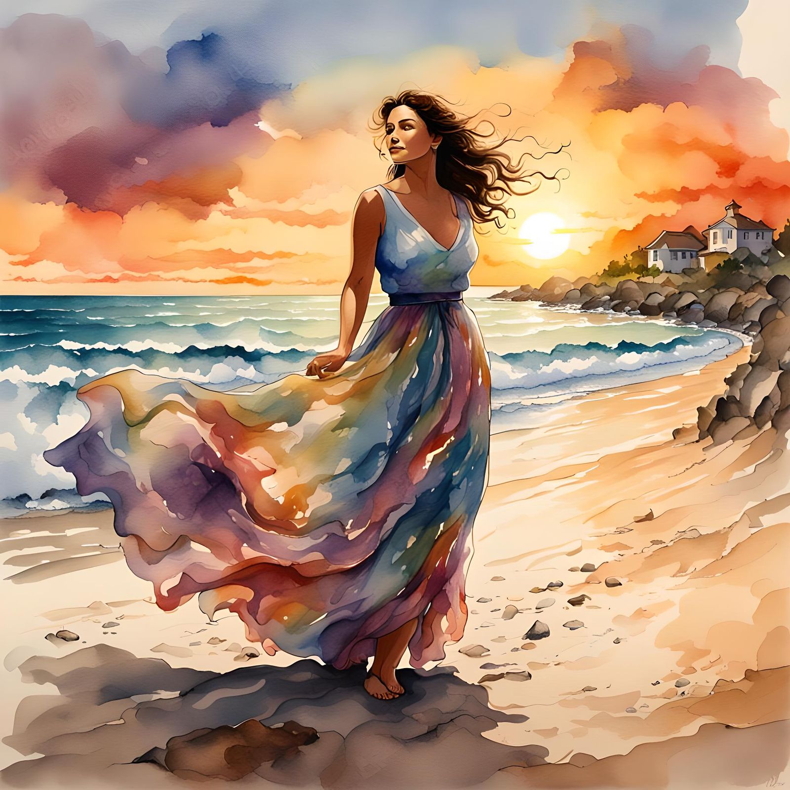 Brunette Woman in Summer Dress at Sunset, Watercolor