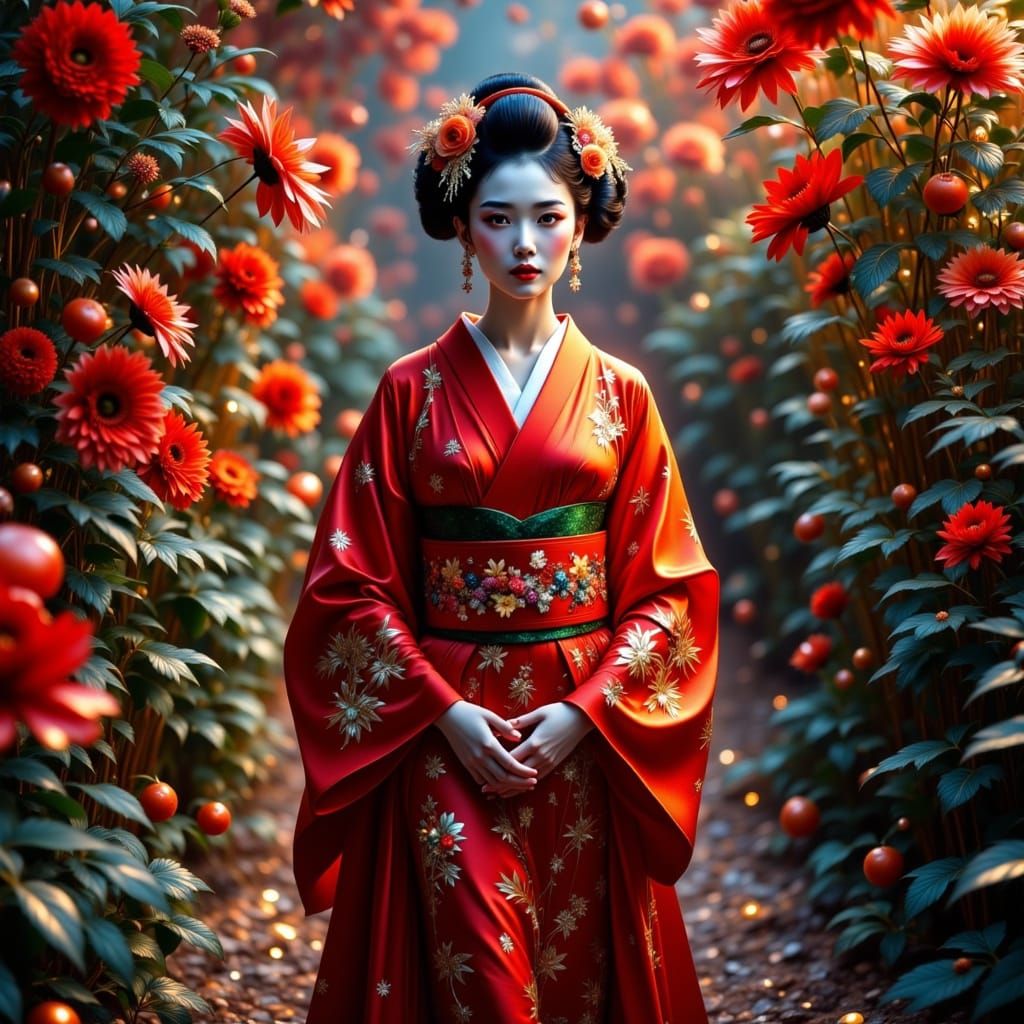 Digital Shimmer Geisha in a Luxurious Japanese Garden