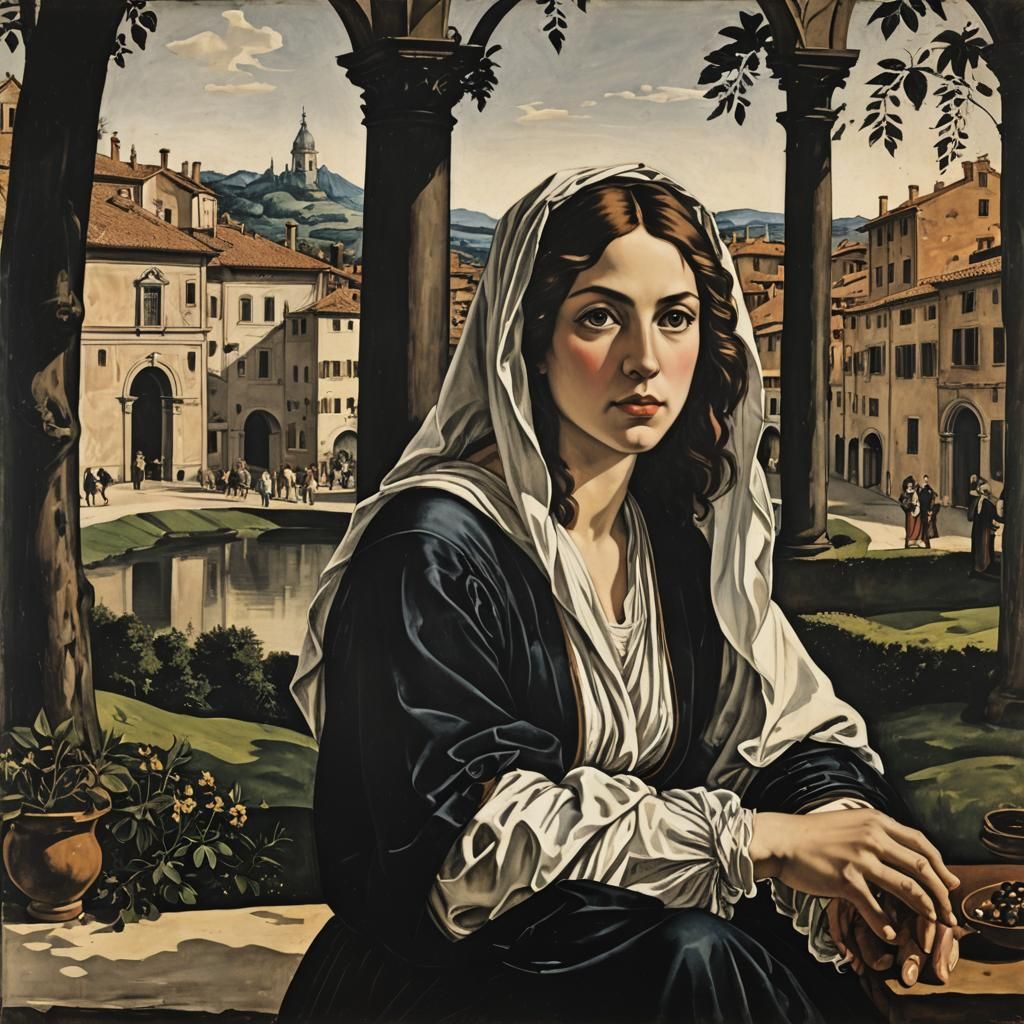 European Gouache Ink Print in Renaissance Style