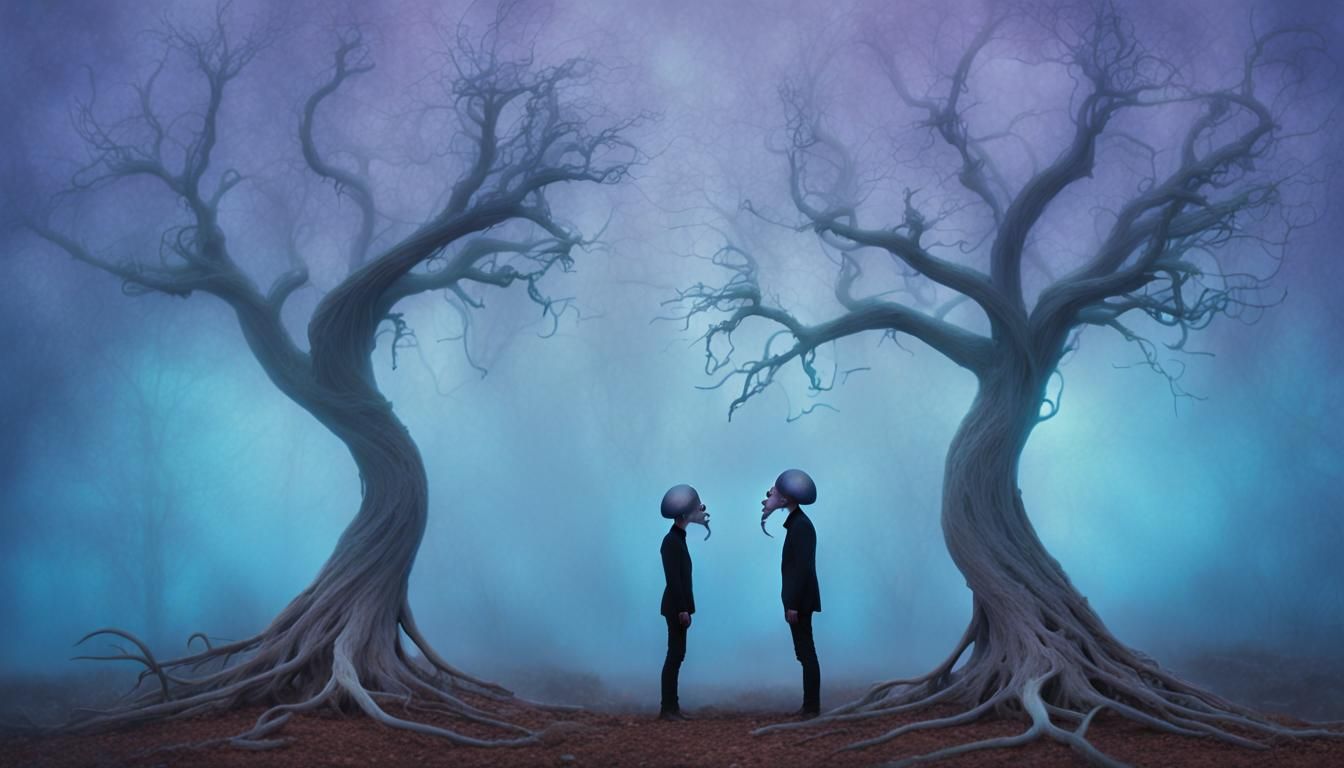 Eerie Surrealist Kiss in Dreamlike Landscape