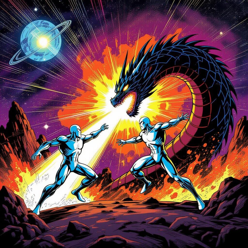 Cosmic Starlight Surfer Fights Obsidian Dragon