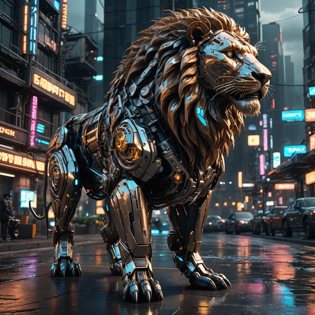 Cybernetic Lion in Futuristic Cityscape
