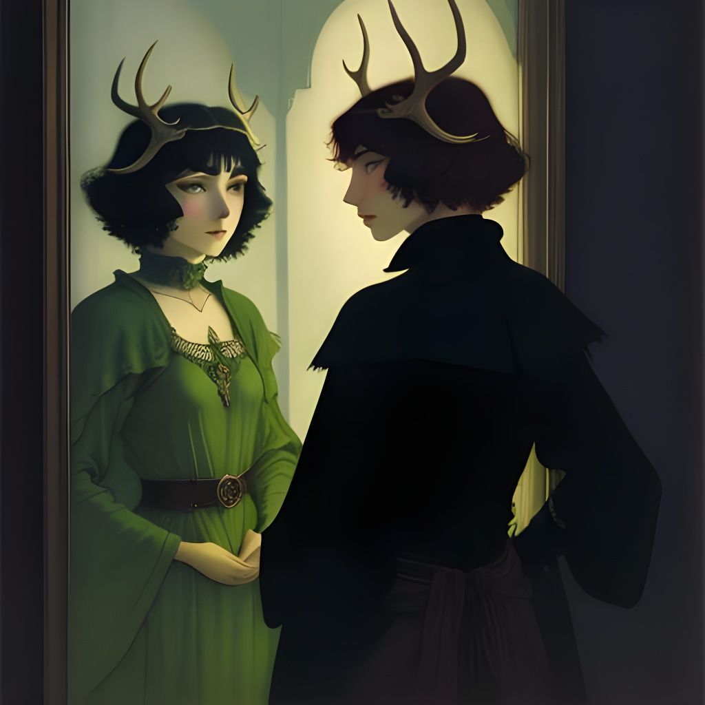 Antlered Woman Gazing into Mirror in Chiaroscuro