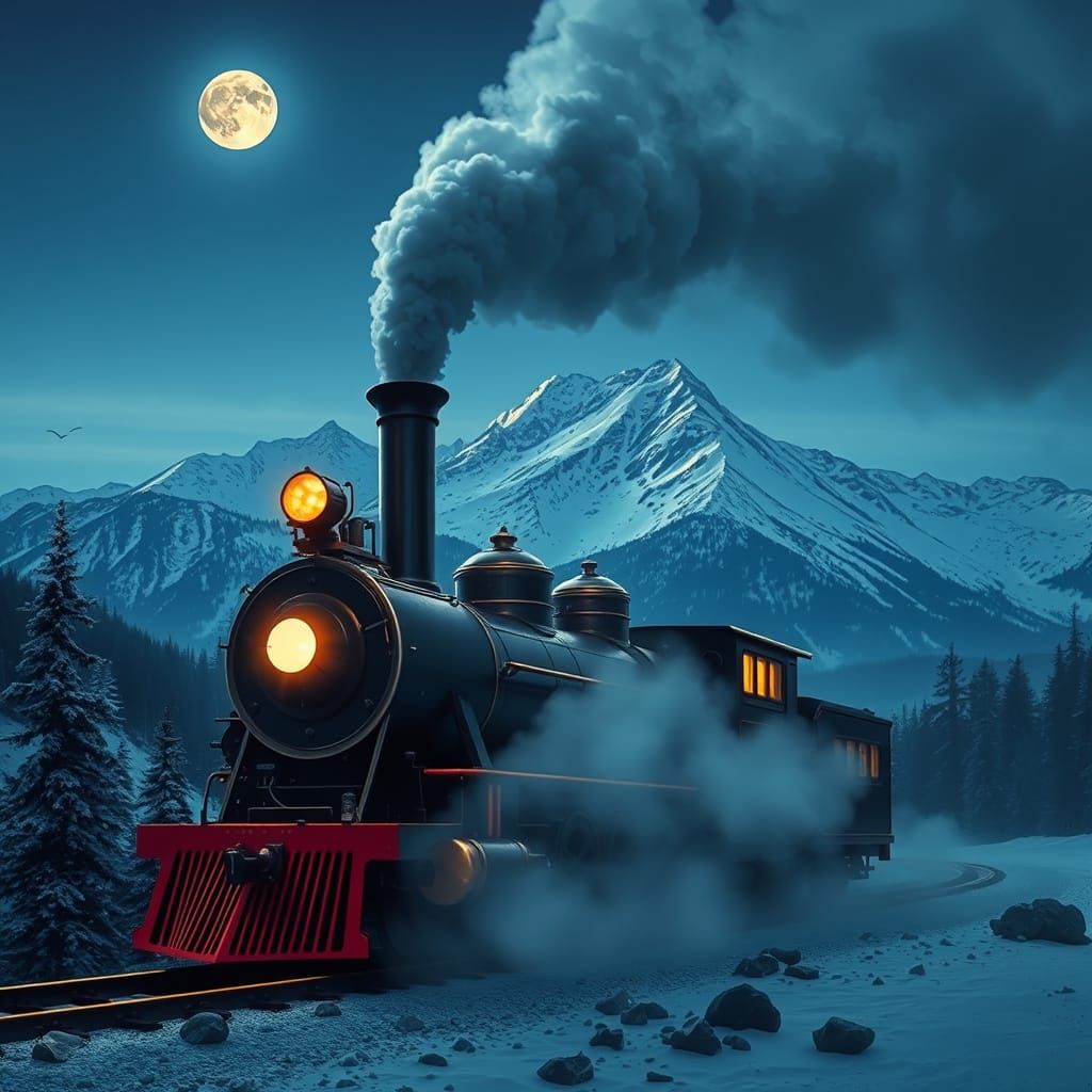 Steampunk Steam Train Through Snowy Mountains at Night