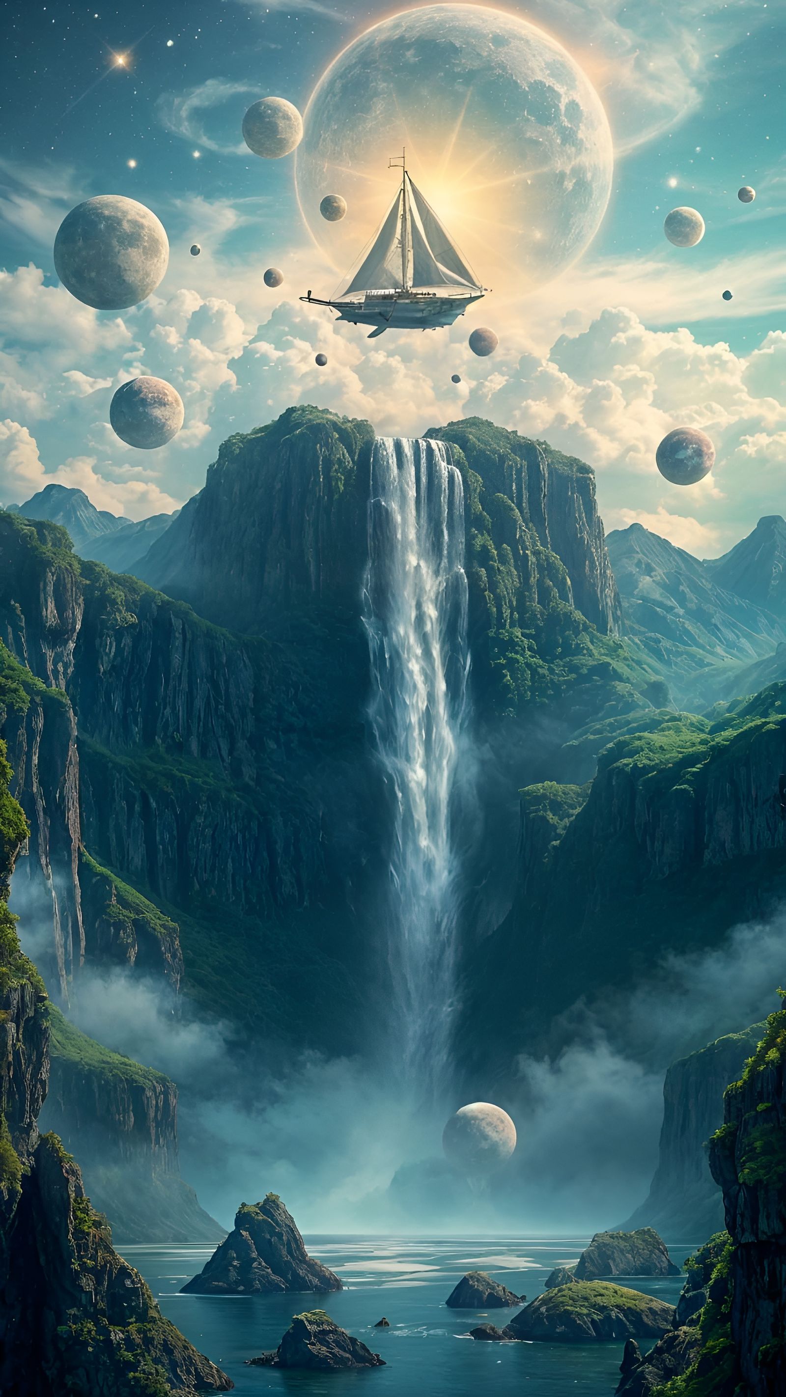 Surreal Waterfall Dreamscape with Floating Islands