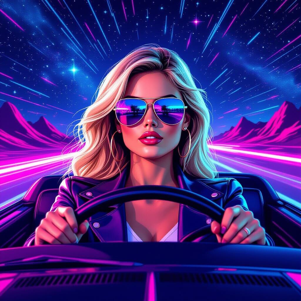 80s Synthwave Woman Cruising Through Cosmic Space