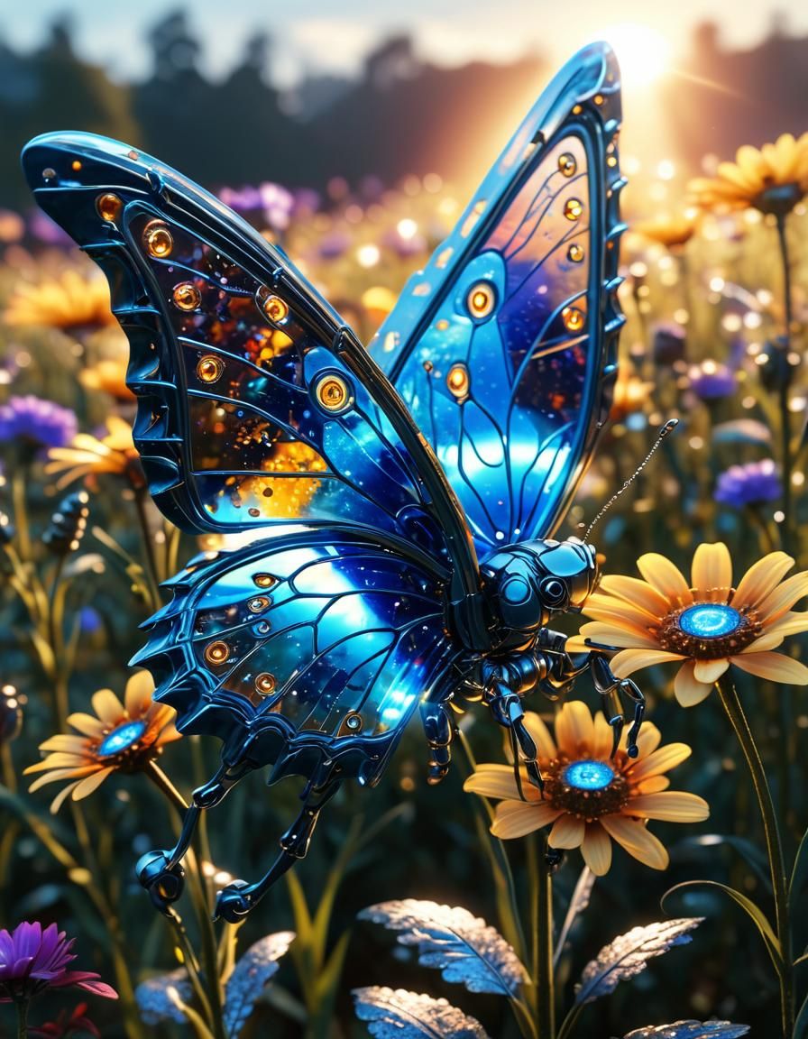 Steampunk Cyborg Butterfly on Robotic Flower