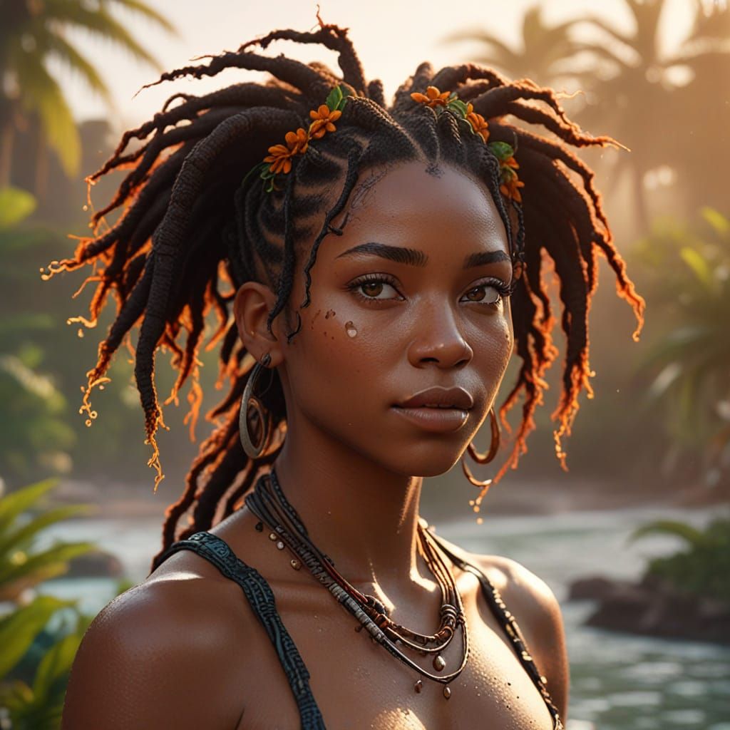 Afrofuturist Goddess in Golden Hour, Showering in a Tropical...