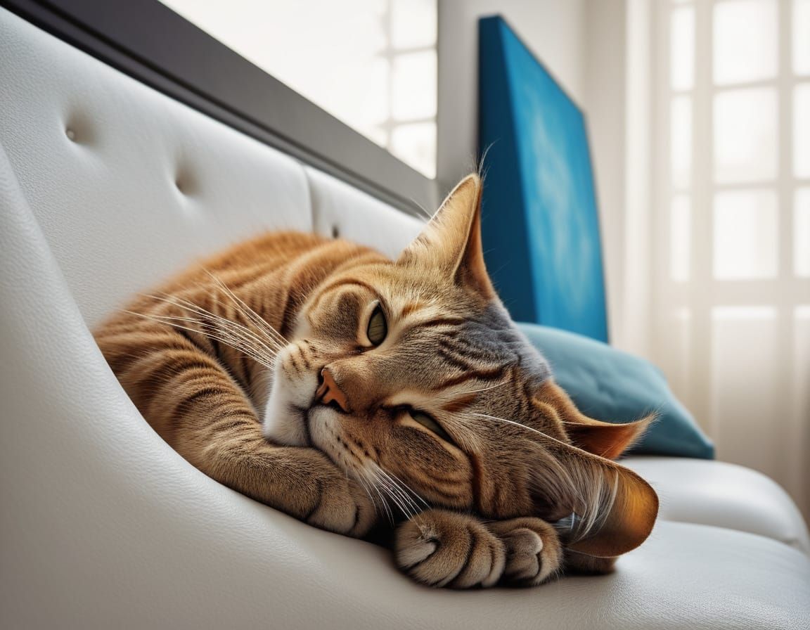 Cat Nap in Surrealist Style on Leather Couch