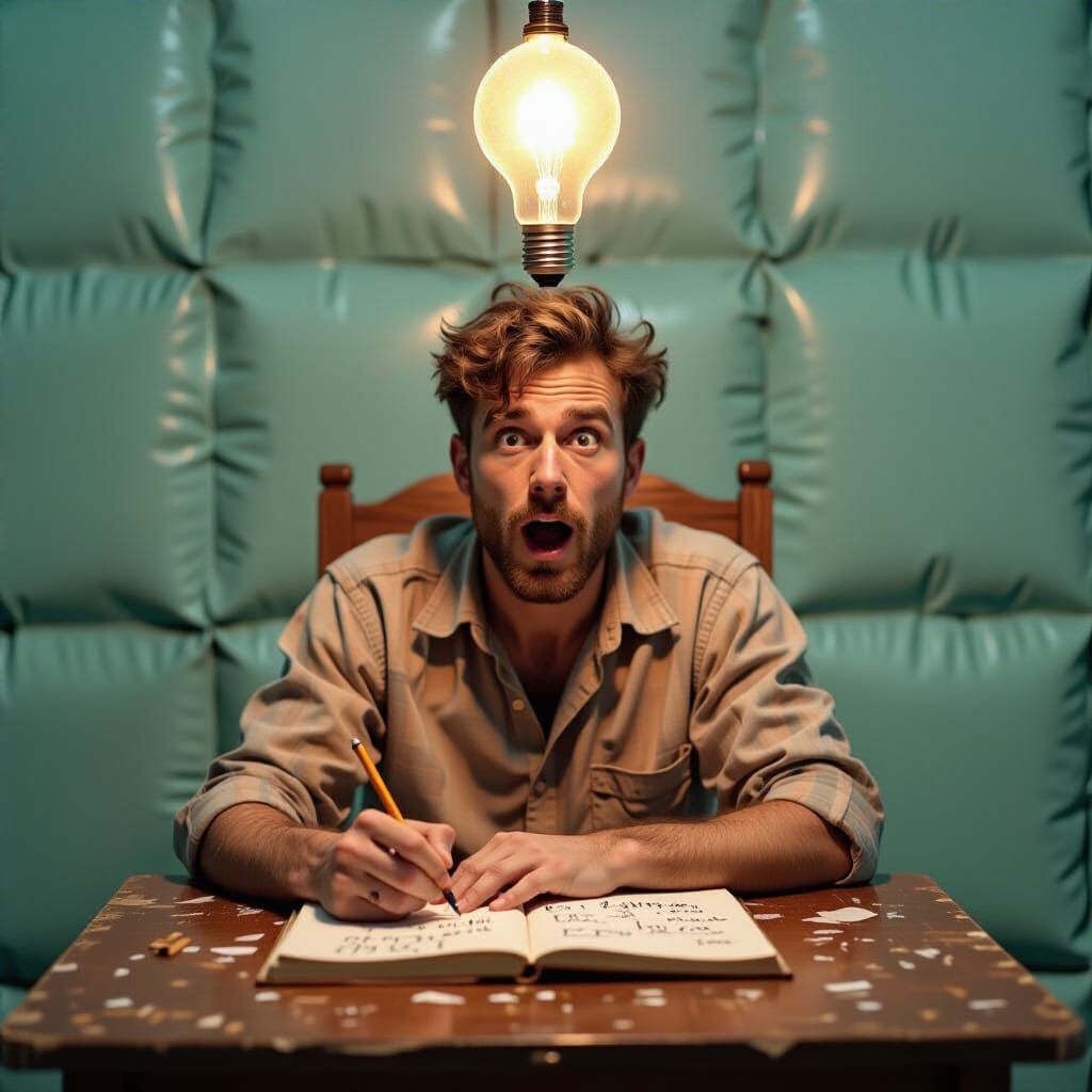 A man in torn, ragged clothing sits at an old, scratched woo...