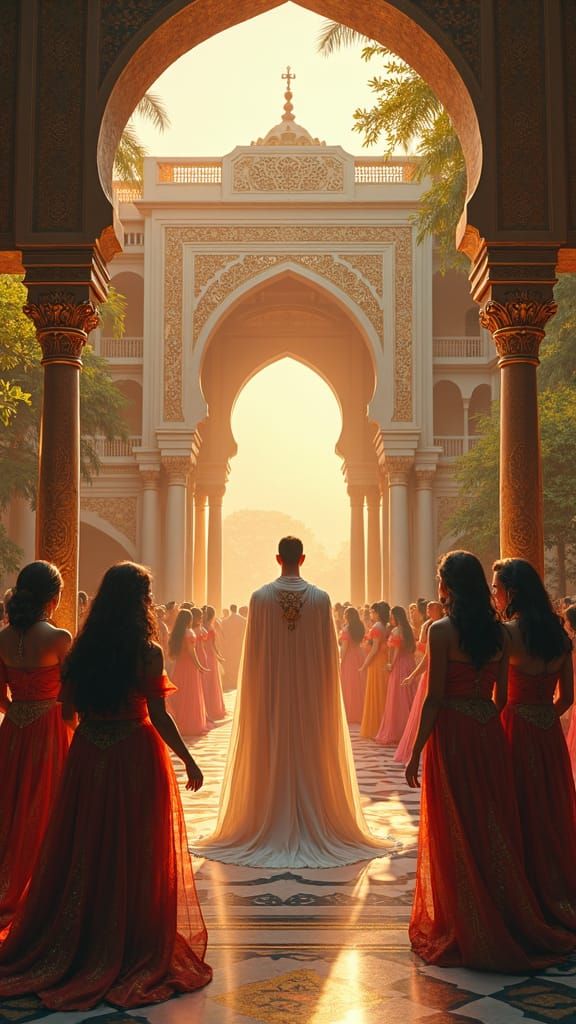 Opulent Harem Scene in Exotic Oasis Palace