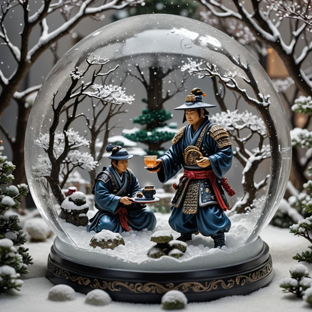 Samurai Warrior in Snow Globe Zen Garden