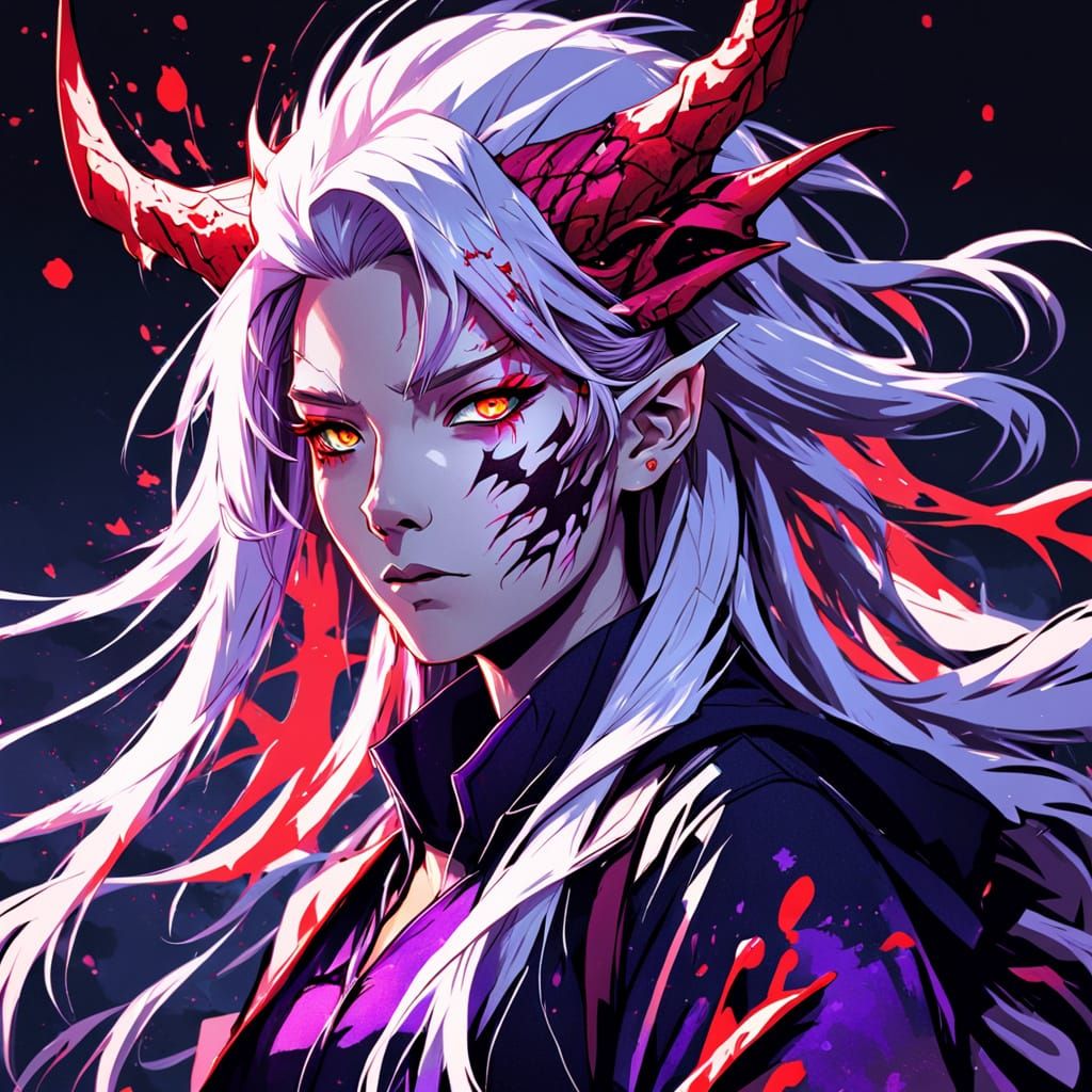 Anime Girl with Dragon Horns in Dramatic Digital Art