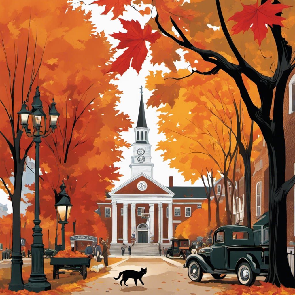 Black Cat in Cozy Autumnal Salem Town Square