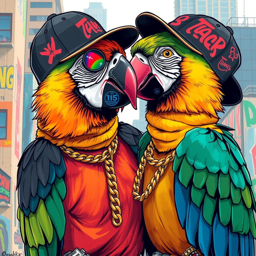 Macaws Kissing in Urban Graffiti Art Style