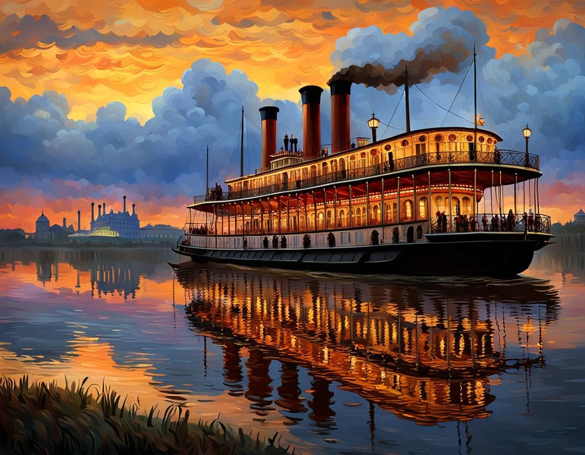 Paddle Steamer on the Mississippi: Impressionist Matte Paint...