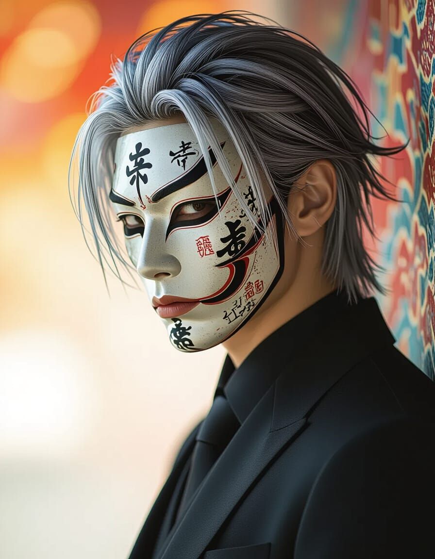 Kabuki Masked Man in Hyperrealistic Splash Art Style