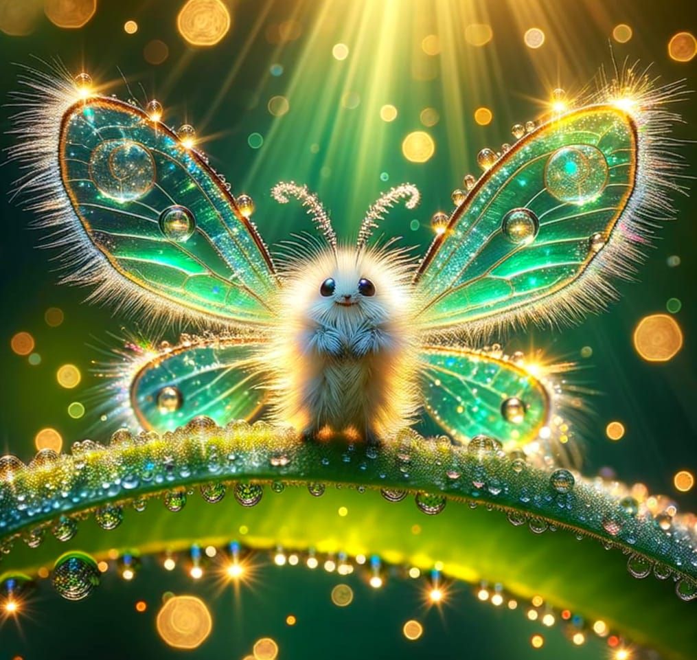 Fluffy Caterpillar Tries Glowing Butterfly Wings Macro Photo