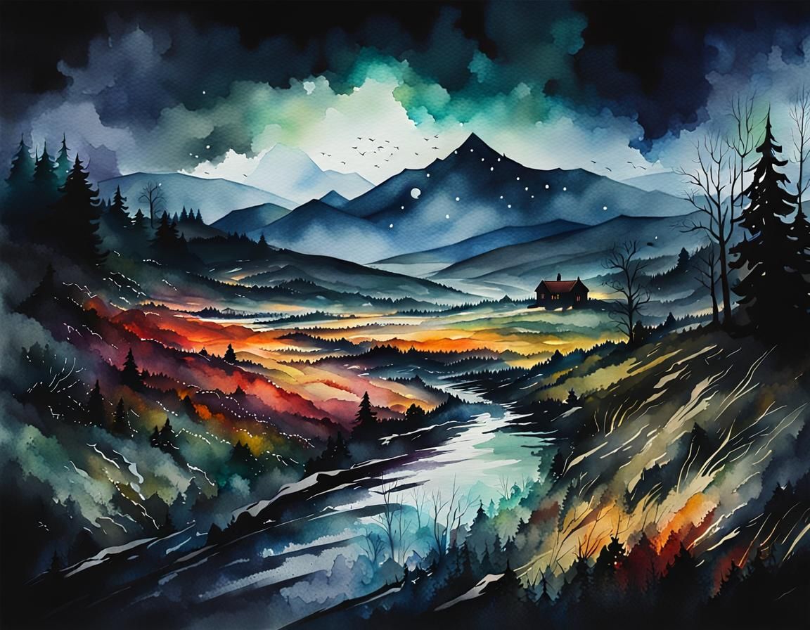 Moody Transylvanian Landscape in Watercolor Style