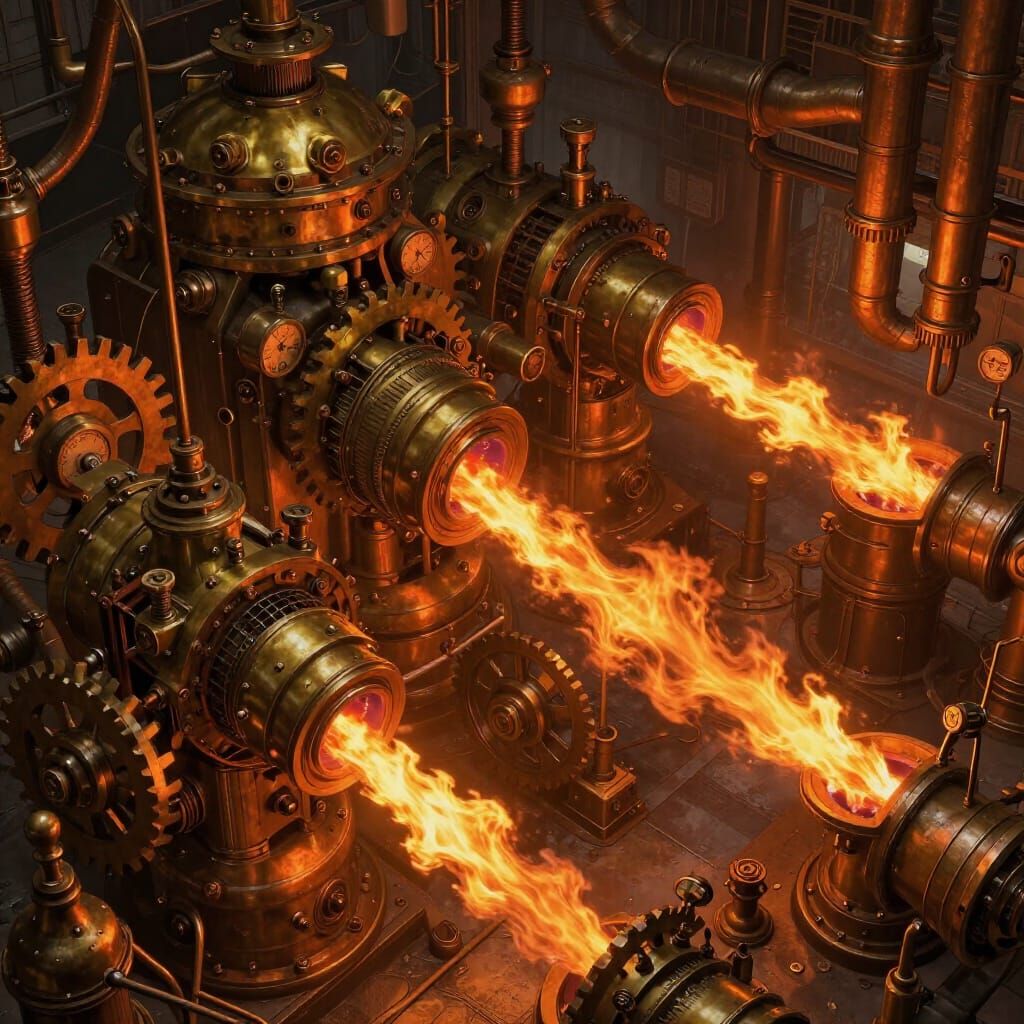 Steampunk Workshop With Fiery Engines