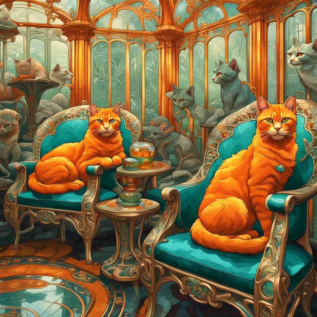 Xanthos Cats in New York Greenhouse, Art Nouveau Style