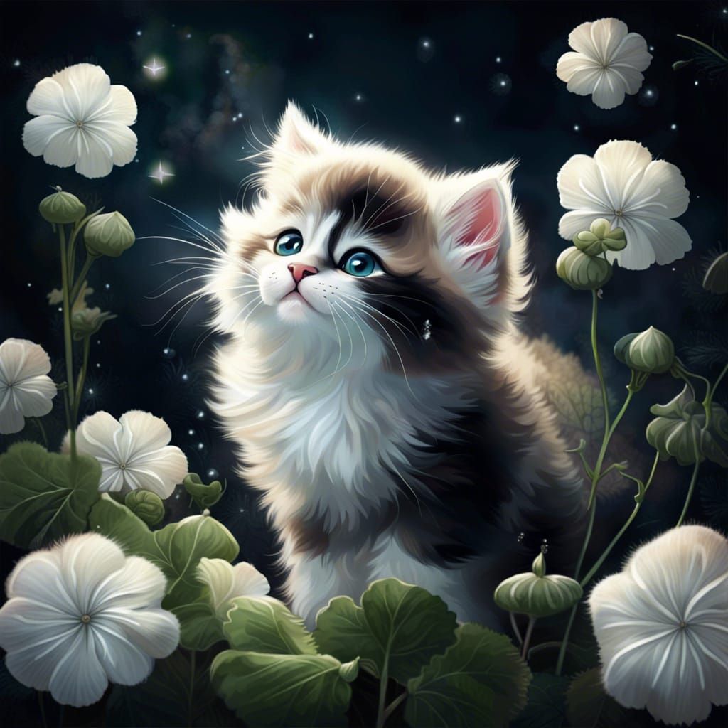 Adorable Kitten with Geraniums in Moonlight: Matte Painting