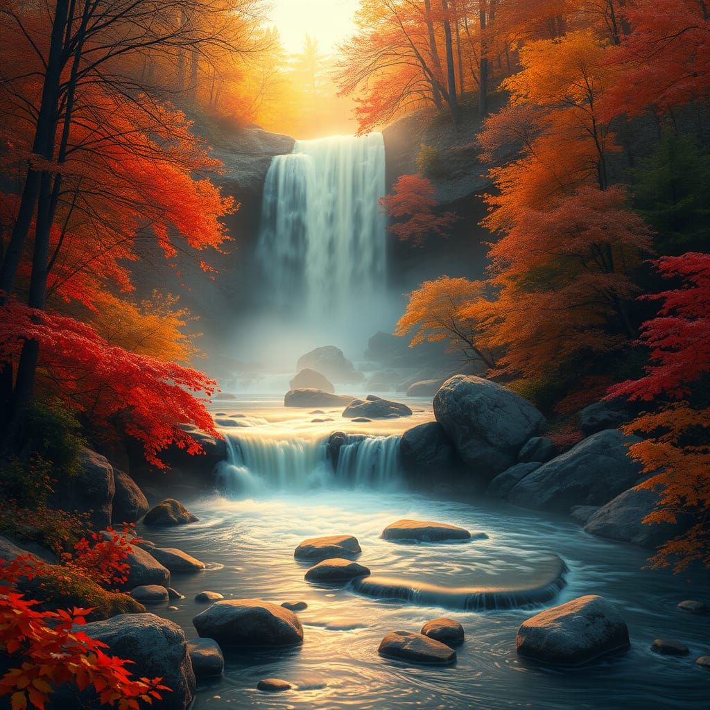 Majestic Autumn Waterfall in Ethereal Fantasy Style