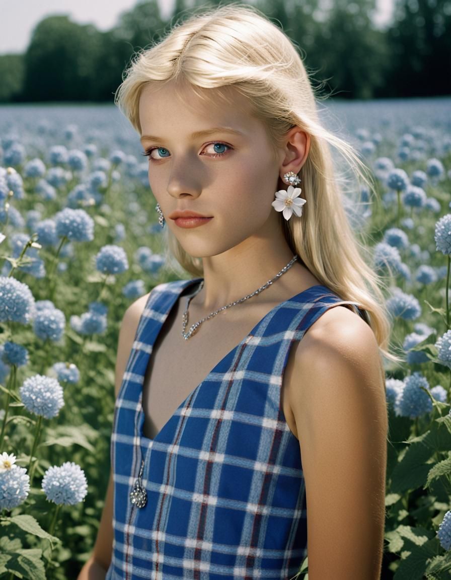 12 year old, tanned skin, hazel eyes, earrings-silver, light blonde hair, down and wearing a blue checked dress “Flame a...
