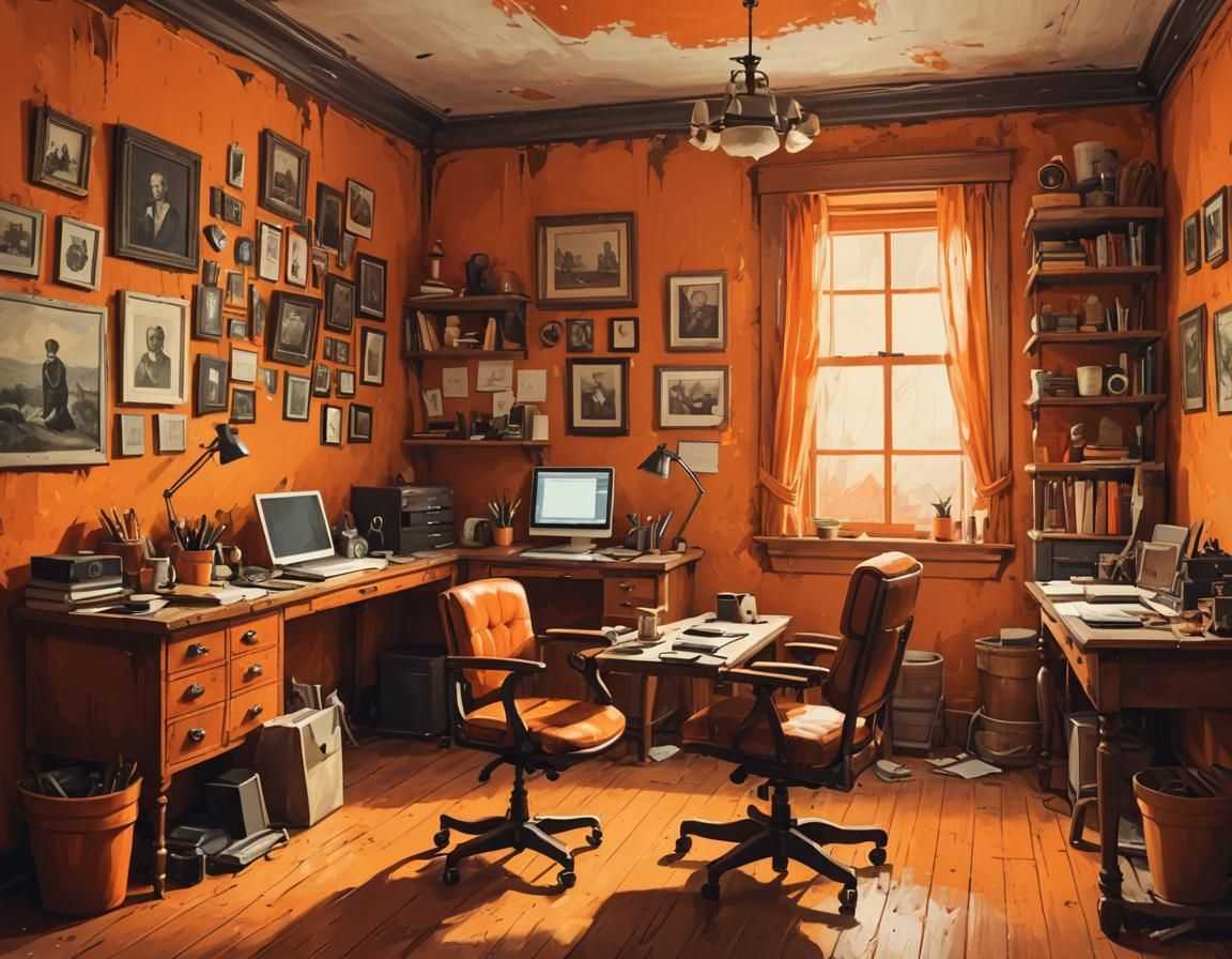 Vintage Workspace in Orange Room, Digital Painting