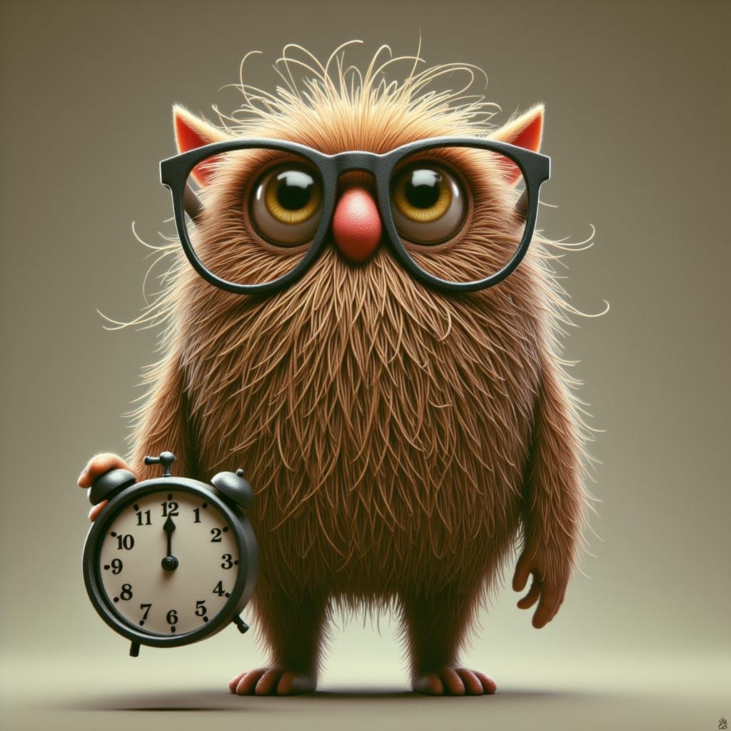 Cute Fluffy Creature Holding a Clock