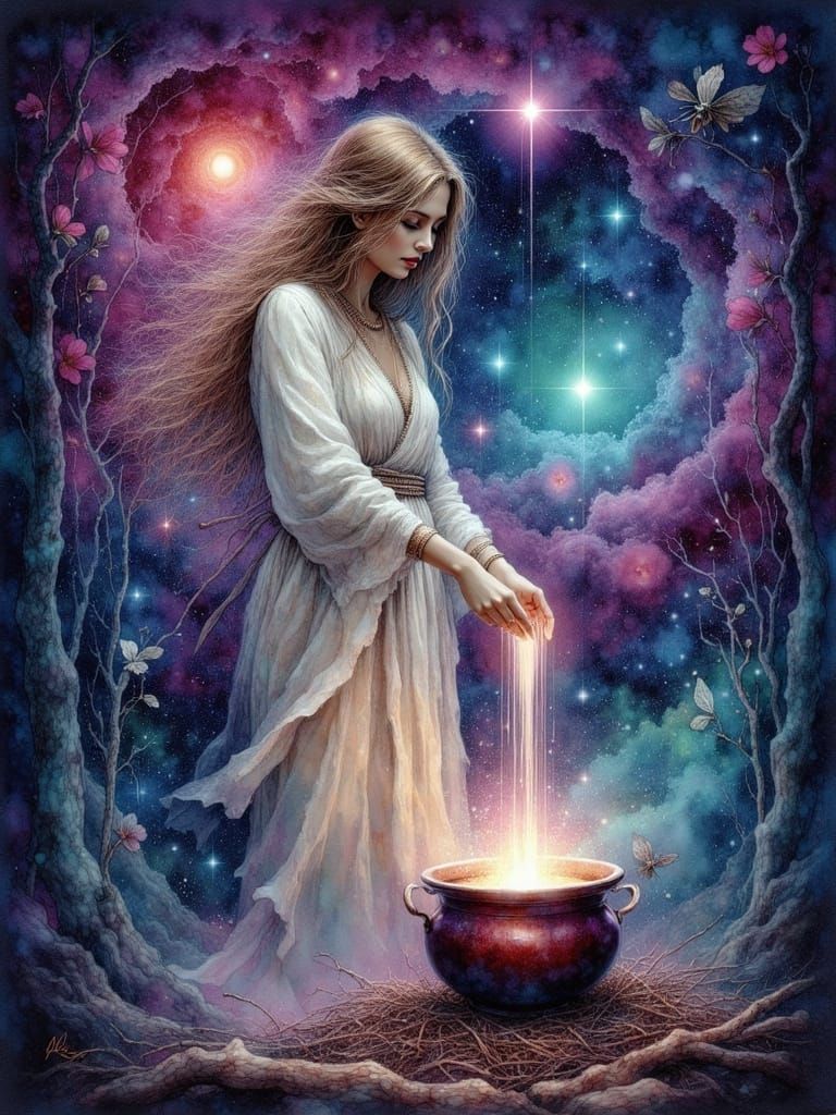 Mystical Woman Stirring a Cosmic Pot in Digital Art Style