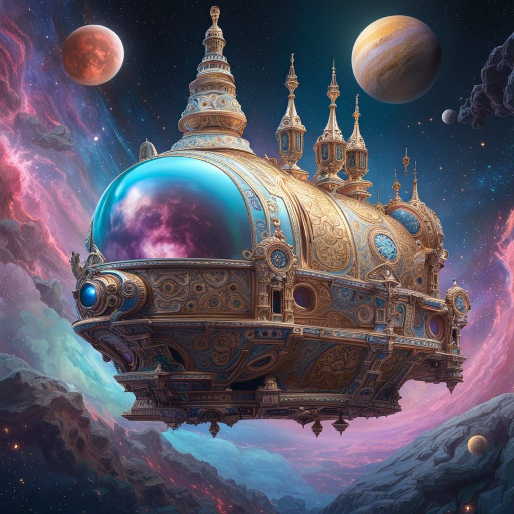 Pastel Rococo Spaceship in Cosmic Galaxy