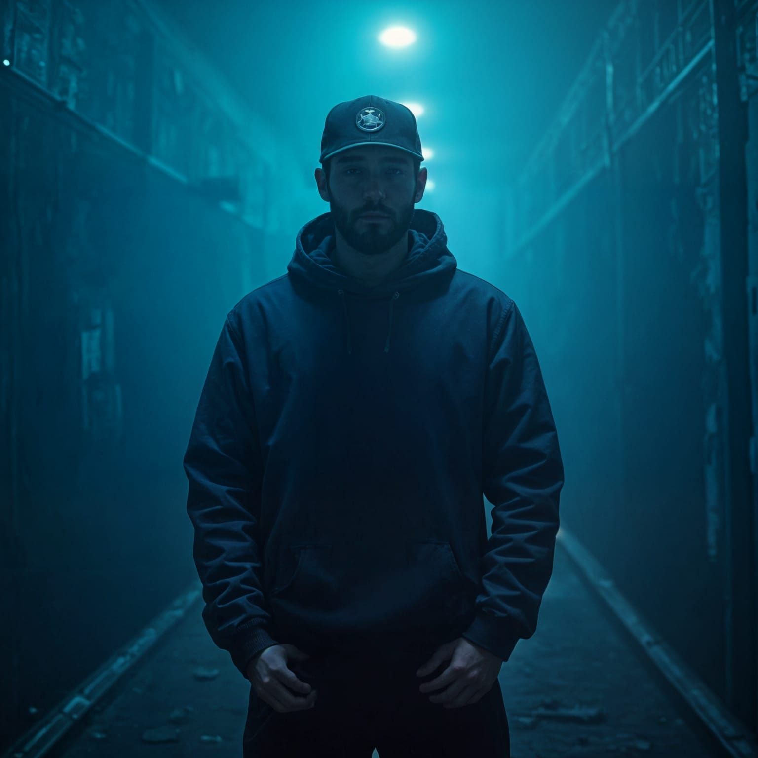 Moody Rapper in Vast Blue Space: Gloomy Aesthetic